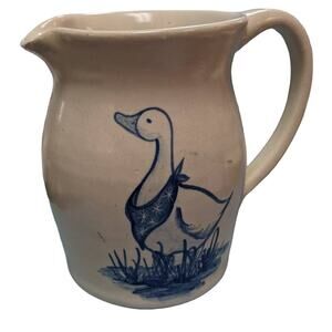Vintage small Casey Pottery Goose Stoneware Pitcher Jug Vase Beige Blue Paint